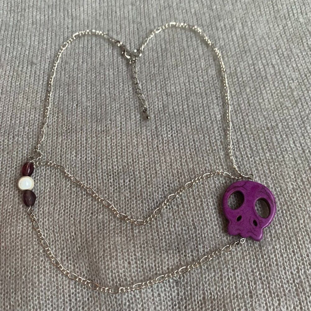 2x18$ 🦃 🍂 CREATION - - Short necklace asymmetrical skull double chains Purple